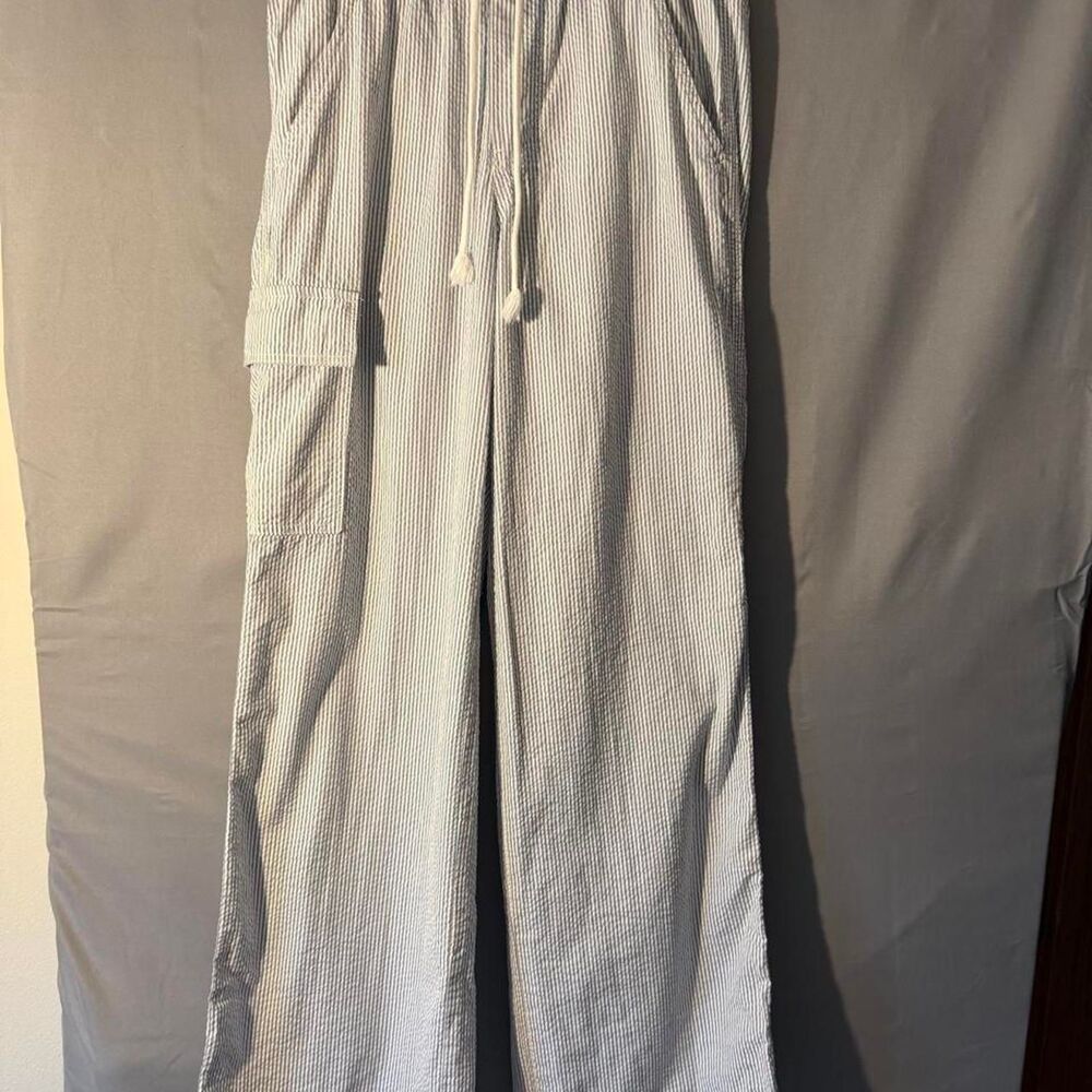 SO Clothing white and blue linen wide leg pants